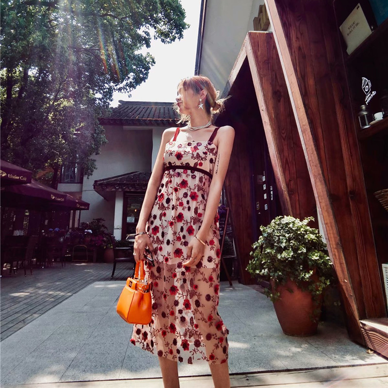 

backless spaghetti strap women embroidery dress slash neck sweet ladies vestidos mesh sleeveless long dress, Black;gray
