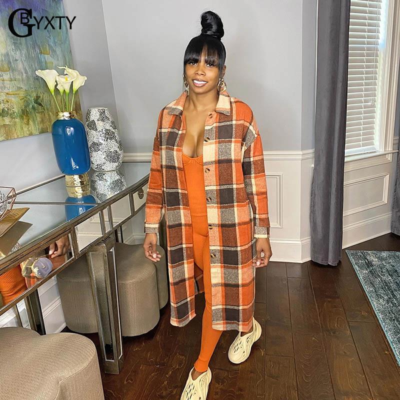 

Women's Trench Coats GBYXTY Vintage Plaid Wooled For Women Autumn Winter Loose Single Breasted Long Coat Femme Overcoat Chaqueta ZL1414, Tan;black