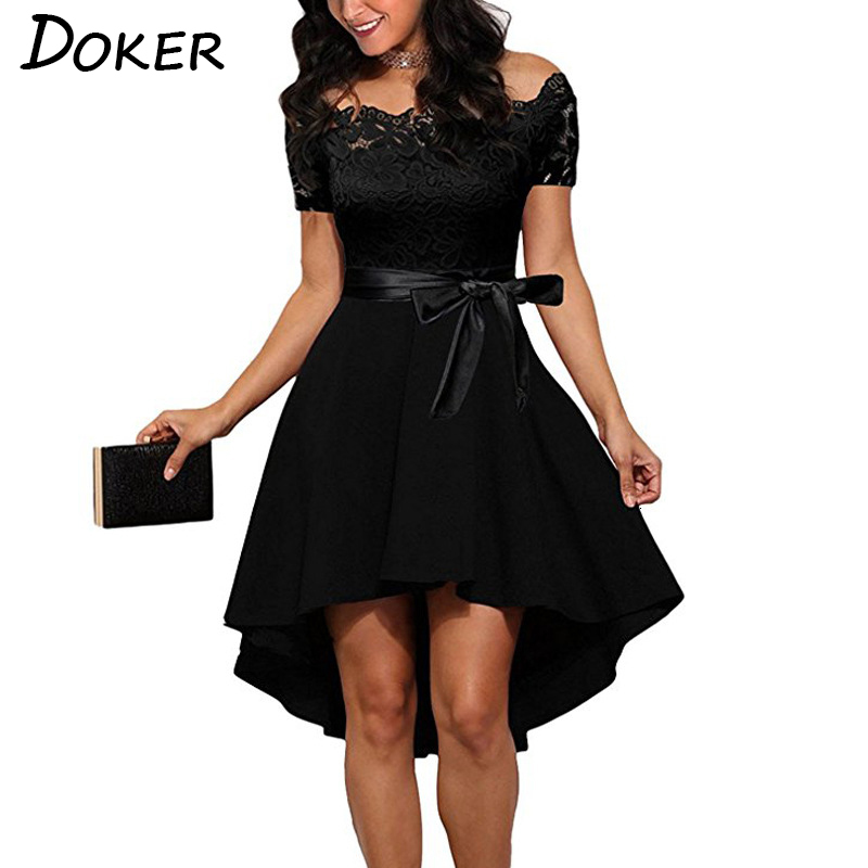 

2021 New Elegant Red Lace Women Patchwork Slash Neck Short Sleeve Sashes Tunic Summer Ladies Sexy Evening Party Es Tjhv, Black