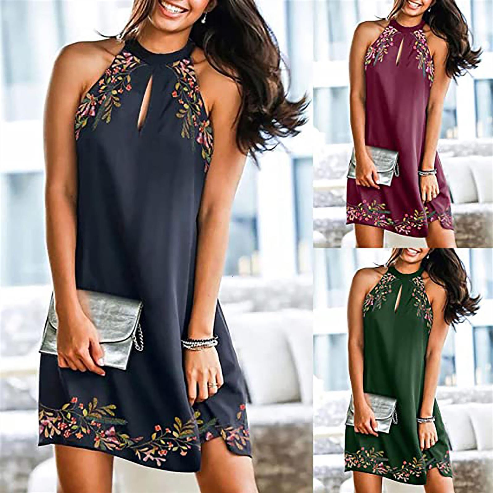 

summer casual fashion metal womens dresses hanging neck print sleeveless plus size, Black;gray