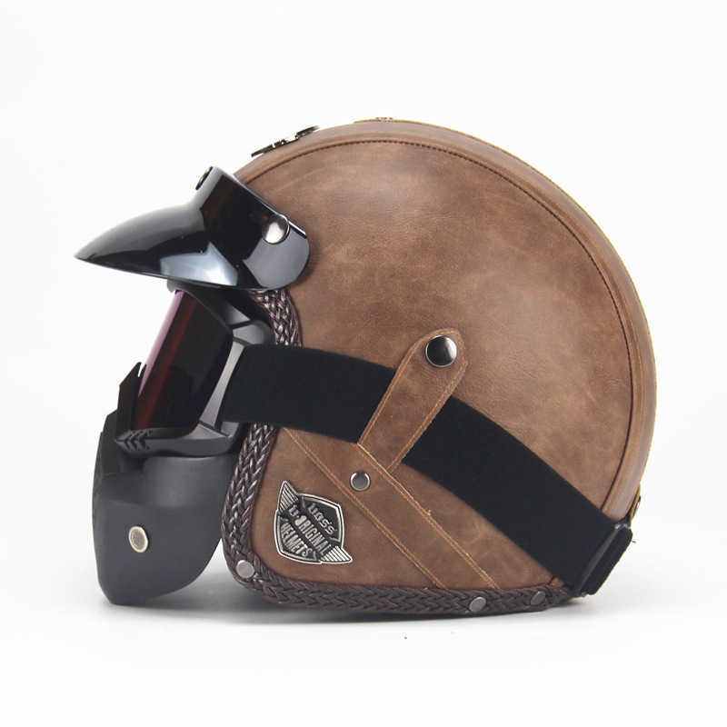 

Casco Moto Retro Helmet Motorcycle Soldier Cap Brown Vintage Motorbike Braids Alligator Leather Half Helmet Cascos Para Moto 058 Q0630, 058purebrownwithmask
