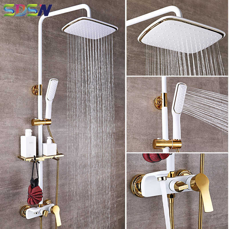 

Shower Set SDSN White Gold Bathroom System Quality Copper Brass Bathtub Faucet Rainfall Head Spa Bath Sets X0705