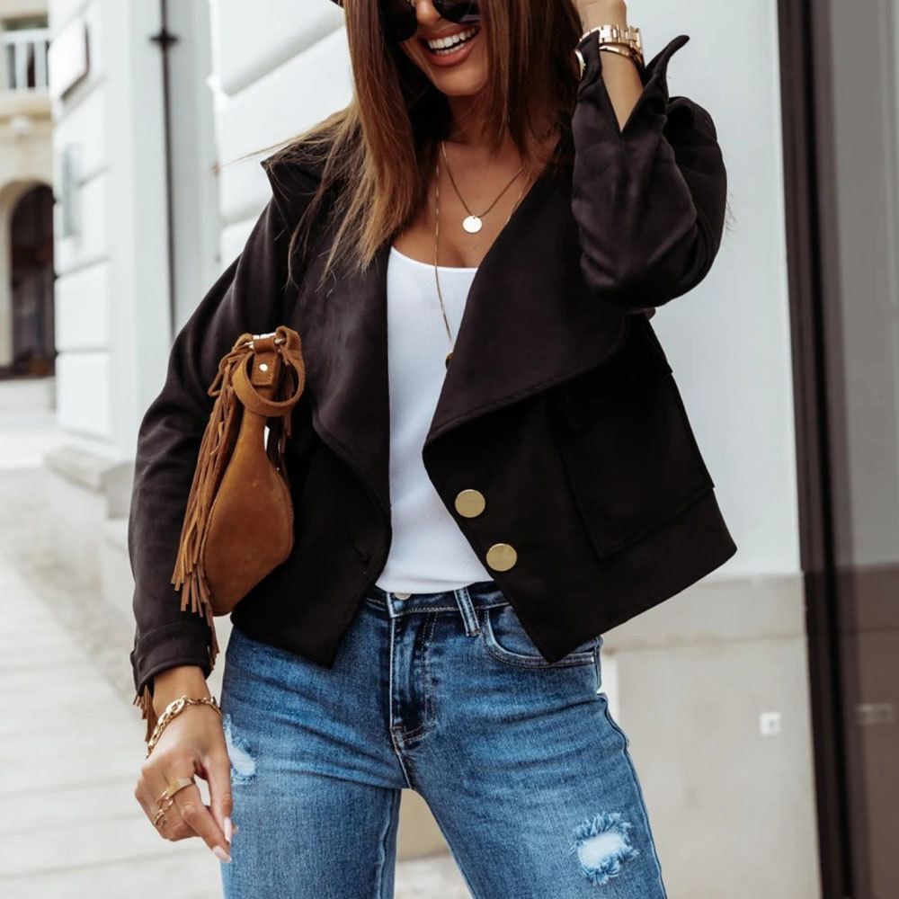 

2021 New Casual Women Spring Faux Pu Leather Coat Suede Pockets Buttons Short Jacket Streetwear Ladies Shirt Outwear Overshirt Fh4b, As photo