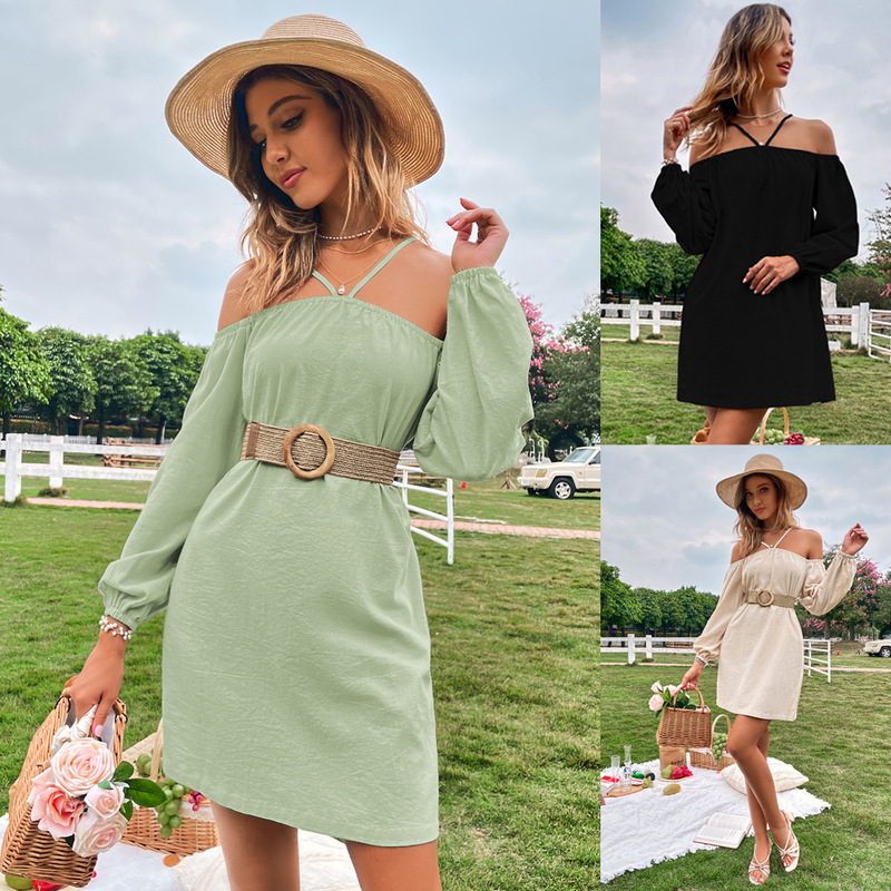 

2022 Spring and Summer New European and American Women's Wrapped Chest Loose Casual Short Skirt Off-the-shoulder Sling Long-sleeved Dress, Black;gray