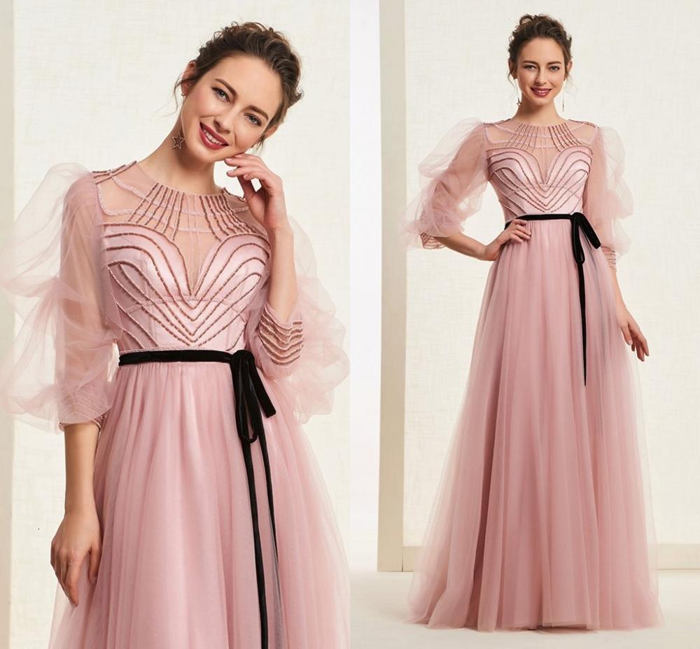 

2021 New Sweep Train A-line y Sleeves Beads Pink Prom Es Formal Evening Gowns Vestidos De Festa Zdtl
