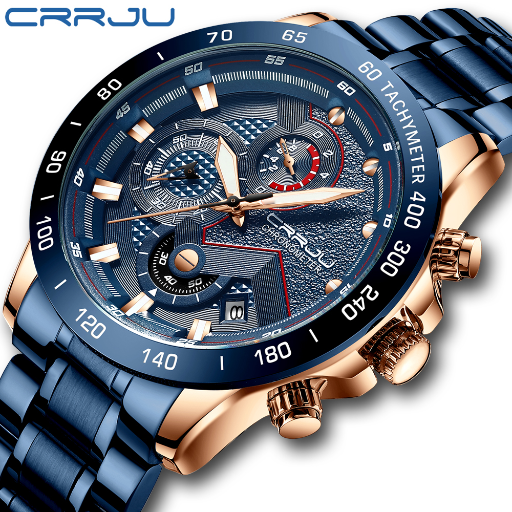 

CRRJU 2021 New Fashion Mens Watches with Stainless Steel Top Brand Luxury Sports Chronograph Quartz Watch Men Relogio Masculinog, Blue