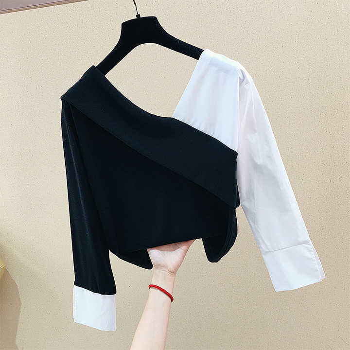 

Fashion Design Color Matching Patchwork Full V-neck Pullover Autumn Loose T-shirt Women 210615, Red