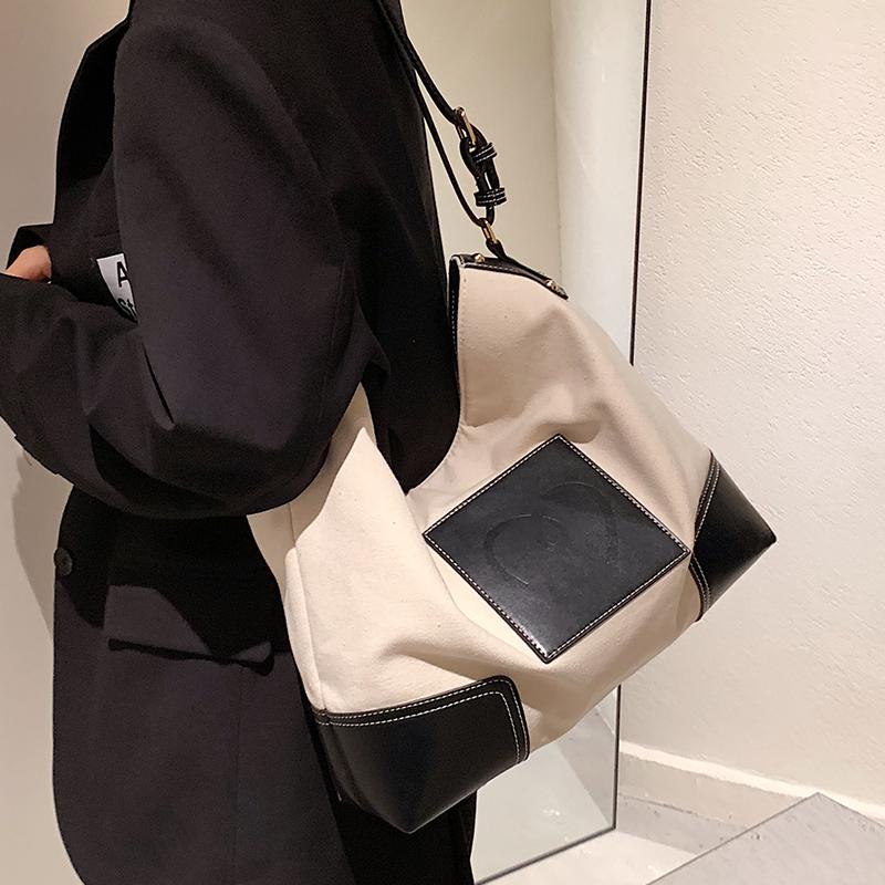 

Evening Bags Vintage Fashion Female Panelled Color Canvas 2021 High Quality Women Designer Handbag Capacity Shoulder Messenger Bag, Black