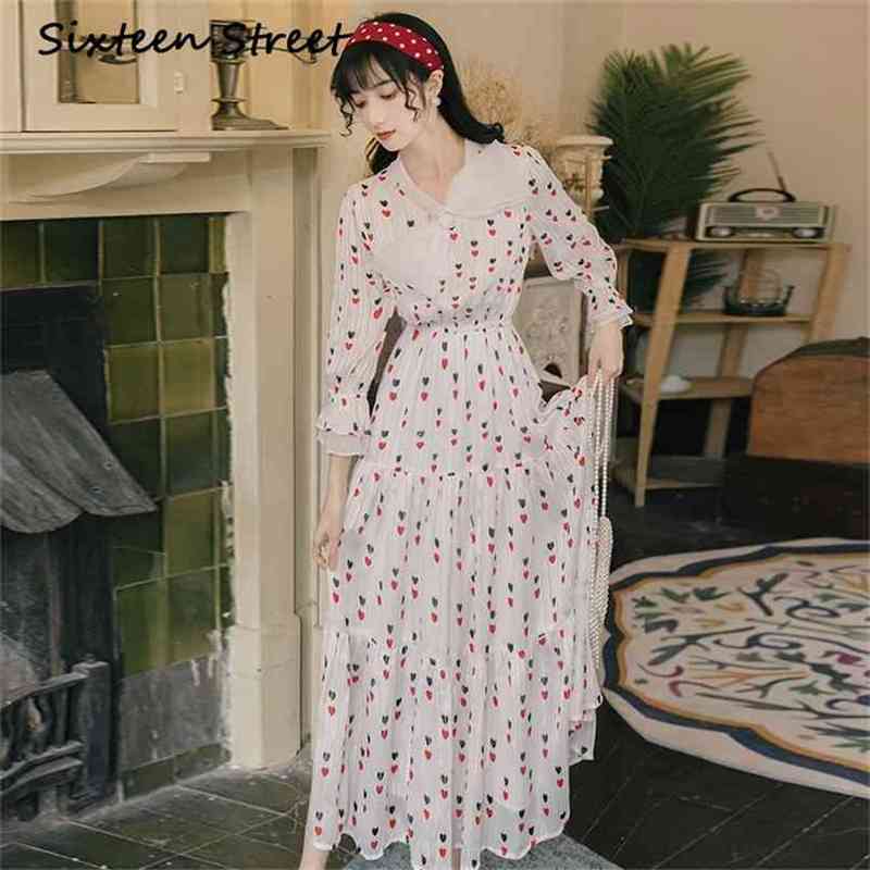 

Long Sleeve Dress Heart-shaped Chiffon Vintage Midi Women Mid-calf Bow Neck Party Elegant Summer 210603, Blue