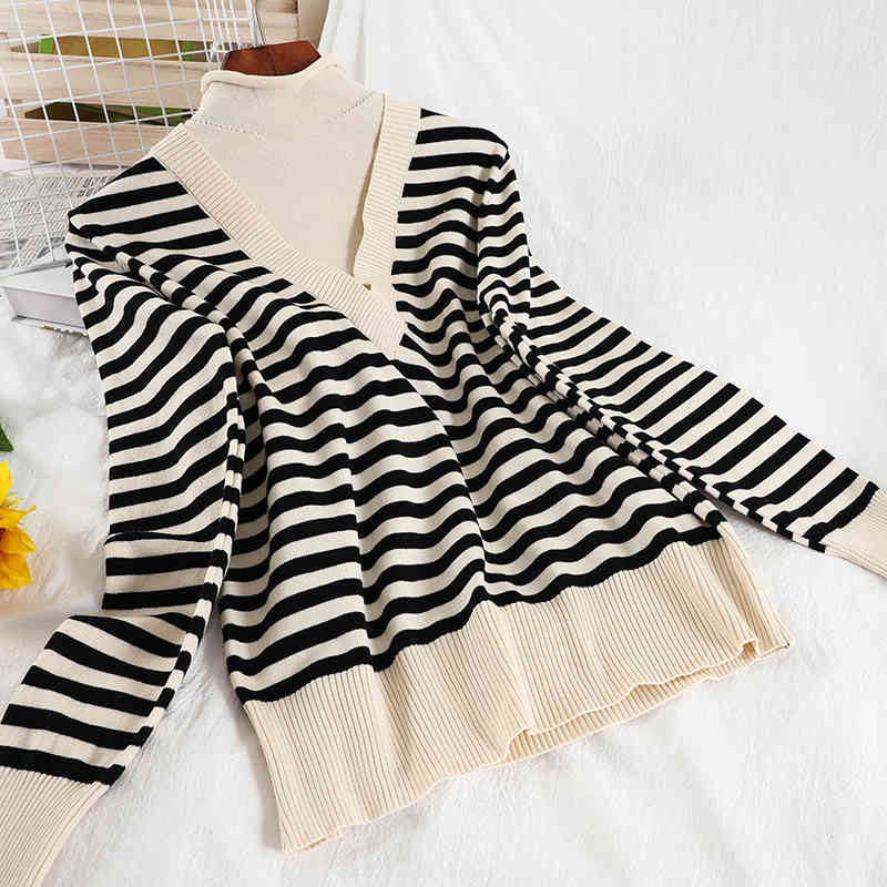 

Women Loose Striped Stitching Knitted Pullover Sweater Long Sleeve Turtleneck Straight Fashion Spring Summer MZ969 210525, Black