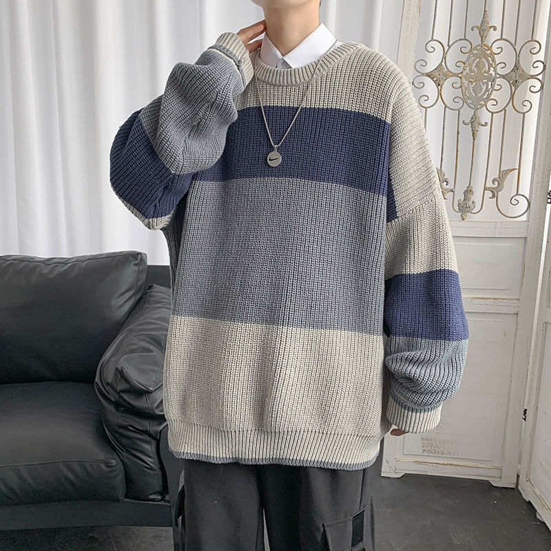 

2021 New Korean Striped Sweater Men's Warm Fashion Retro Casual Knitted Pullover Men Wild Loose Winter Knitting Sweaters Mens Clothes Vbb8, Gray