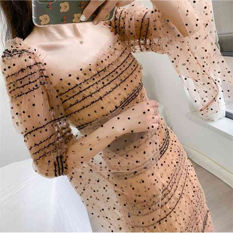 

Retro Polka-dot Slim Ruched Mesh Long Dress Women Spring Summer Square collar Flare sleeve Flocking Dot Sheath Pencil 210602, Khaki