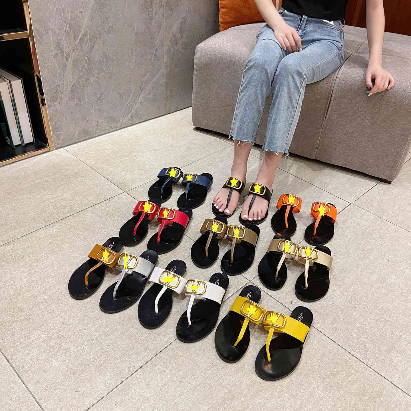 

v318-3 summer new letter metal buckle flat bottom slippers leisure fashion clip toe women's shoes, Black