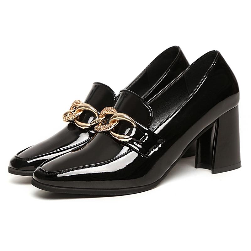 

Dress Shoes Rimocy Fashion Metal Chain Square Heels Pumps Women British Style Patent Leather Office Woman Pointed Toe Slip On Loafers, Beige