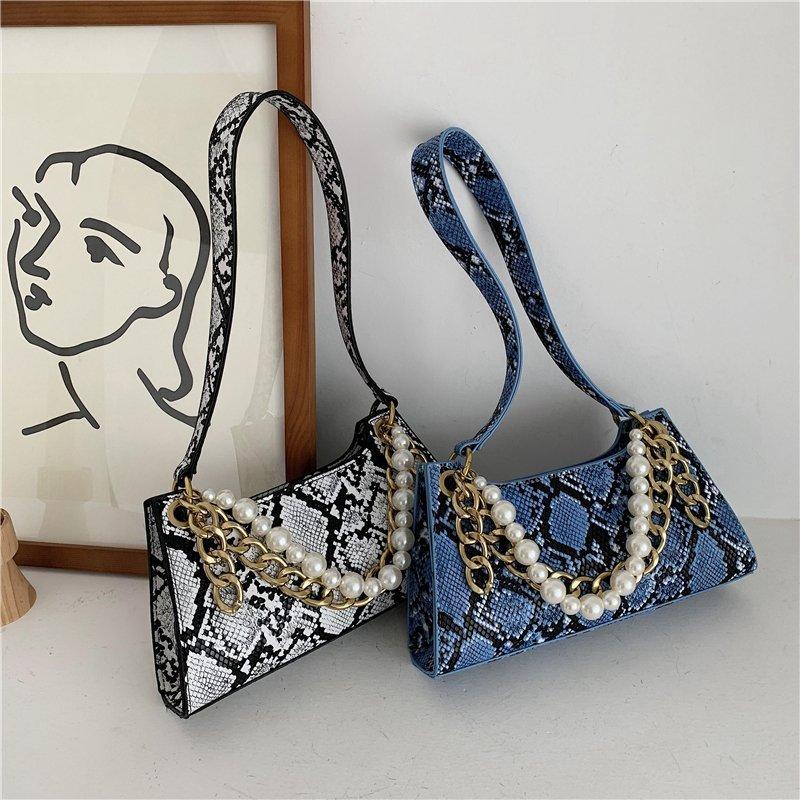 

Evening Bags Classic Serpentine Baguette Bag Fashion Leather Shoulder Women 2021 Hit Trend Chain Pearl Snakeprint Handbag Sac À Main