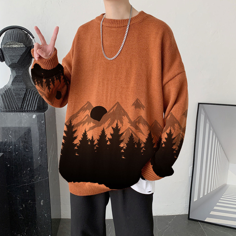 

2021 New Autumn Winter Men's Warmth Fashion Retro Casual Knitted Pullover Streetwear Korean Loose Print Sweater Men Clothes K102, Caramel