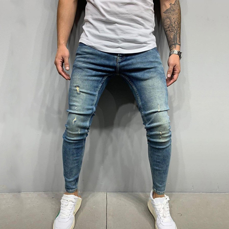 

New Men Slim jeans Casual Runway Biker denim Knees Holes hiphop pants Washed high quality Middle Waist Pencil Style, B-5520