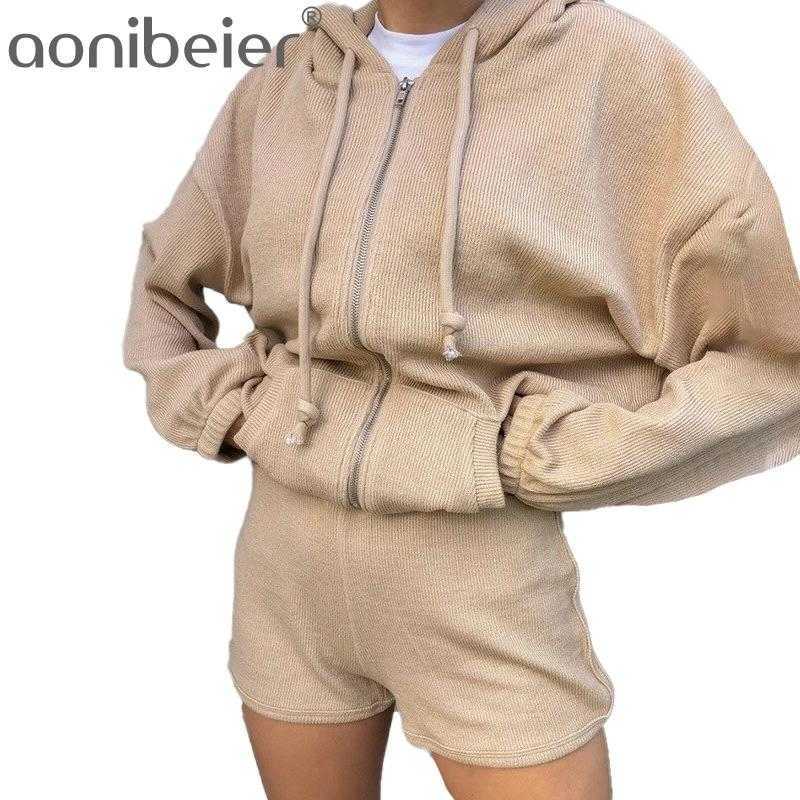 

Corduroy Women Tracksuit Set Spring Autumn Long Sleeve Zipper Hooded Sweatshirt and Shorts Casual Two Piece Outfits 210604, Pink