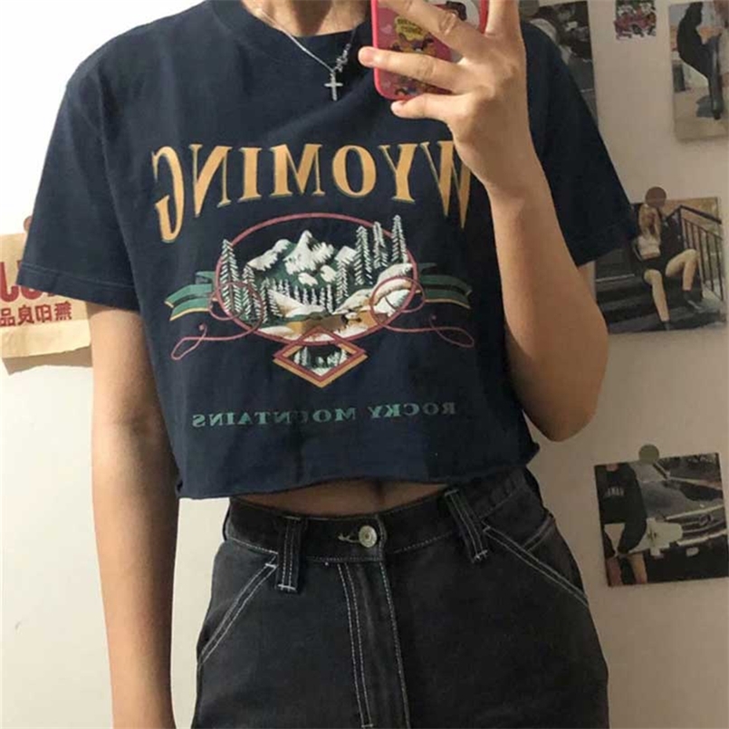 

Vintage Pattern Print Loose Crop Top Women All-match Short Sleeve Summer Shirt Female Casual Chic Streetwear ops 210708, Navy blue