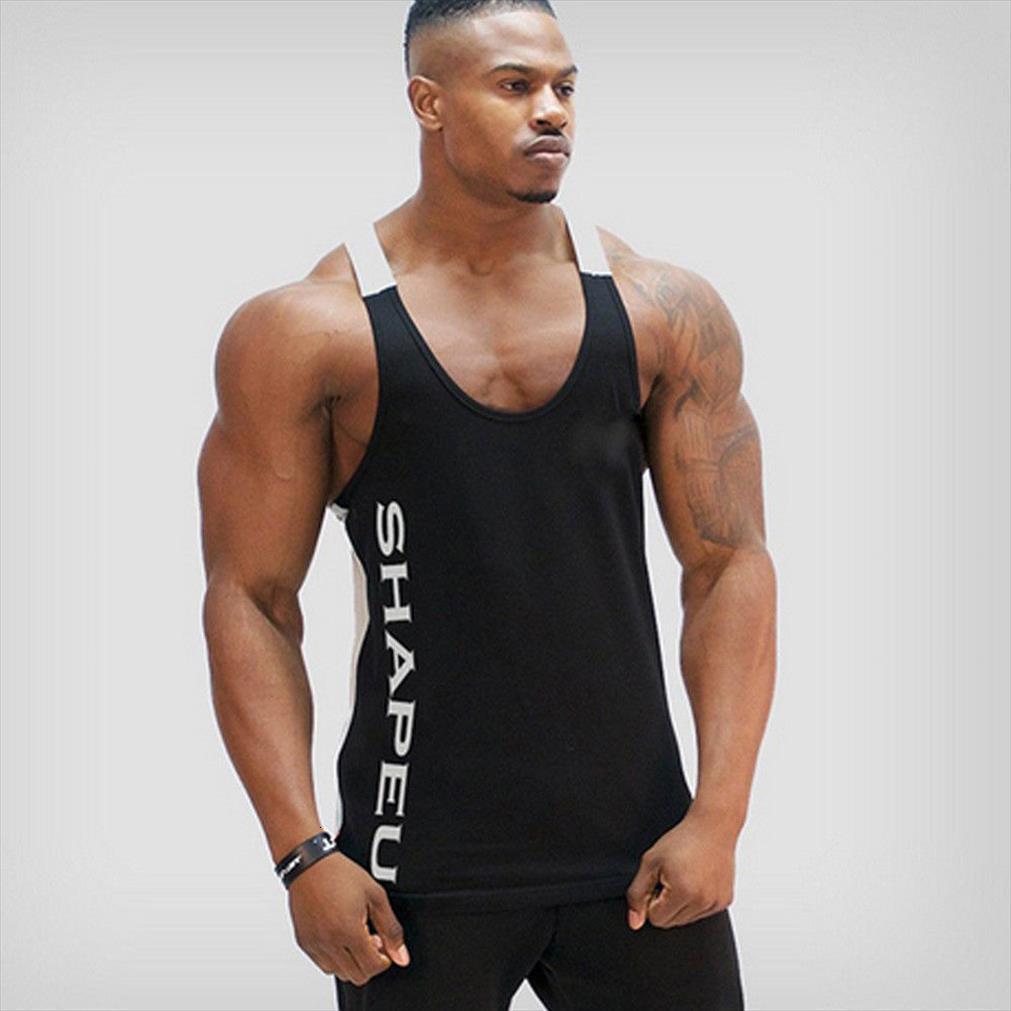 

cotton letter print tank men vest bodybuilding and fitness clothing muscle sleeveless shirt, White;black
