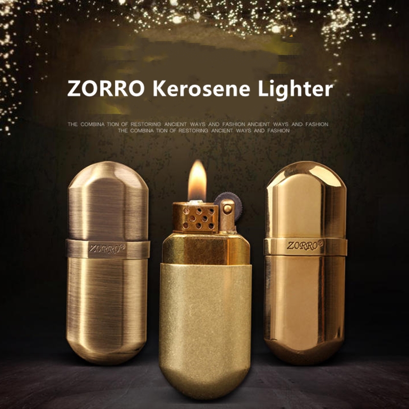 

Retro ZORRO Brass Grinding Wheel Metal Lighter Windproof Pocket Cigarette Kerosene Lighter Gasoline Trenches Tobacco Lighter Smoking Gift