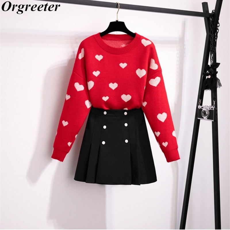

Sweet Heart Shape jacquard Loose Red Sweater and Double-breasted Mermaid Skirts 2 piece Set Women Fall Winter Knitted Sets 210525, Only skirts