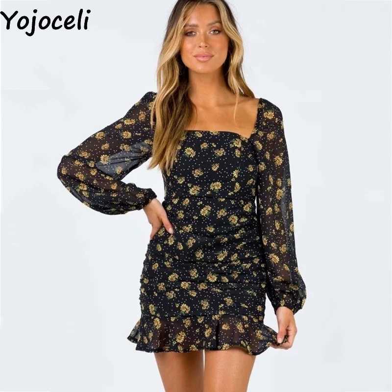

Yojoceli Elegant floral print ruffle dres Spring short chiffon beach casual Cool daily mini sexy vestidos 210609, Black