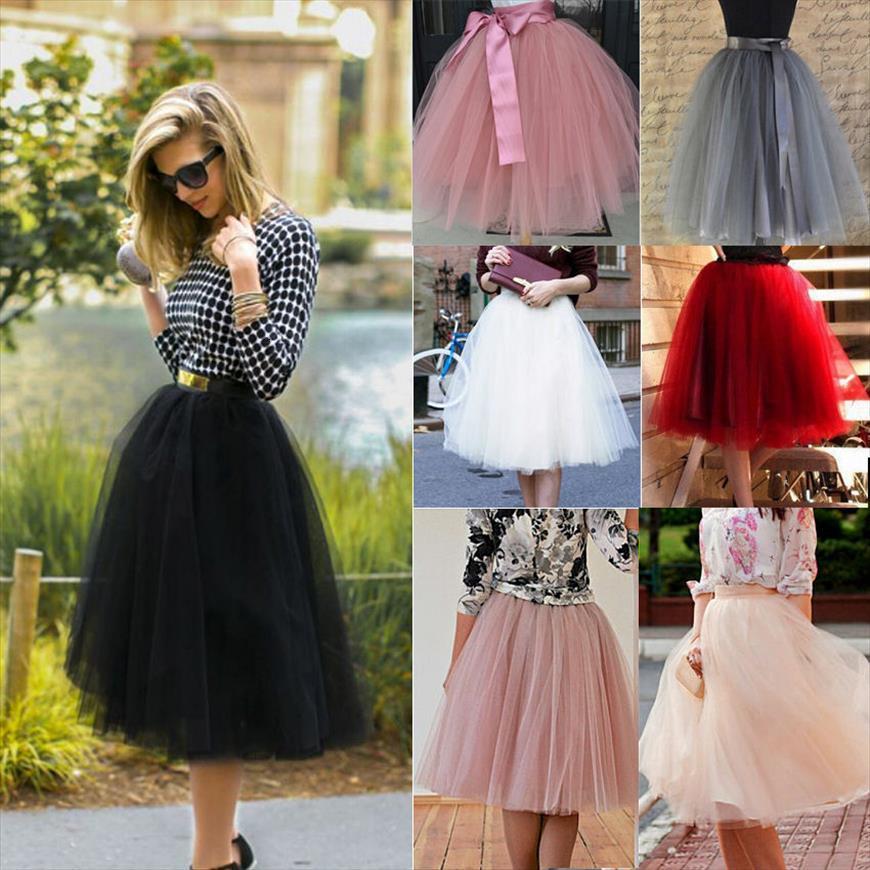 

7 layers midi tulle fashion womens skirts tutu solid lace ball gown party petticoat lolita faldas saia jupe, Black