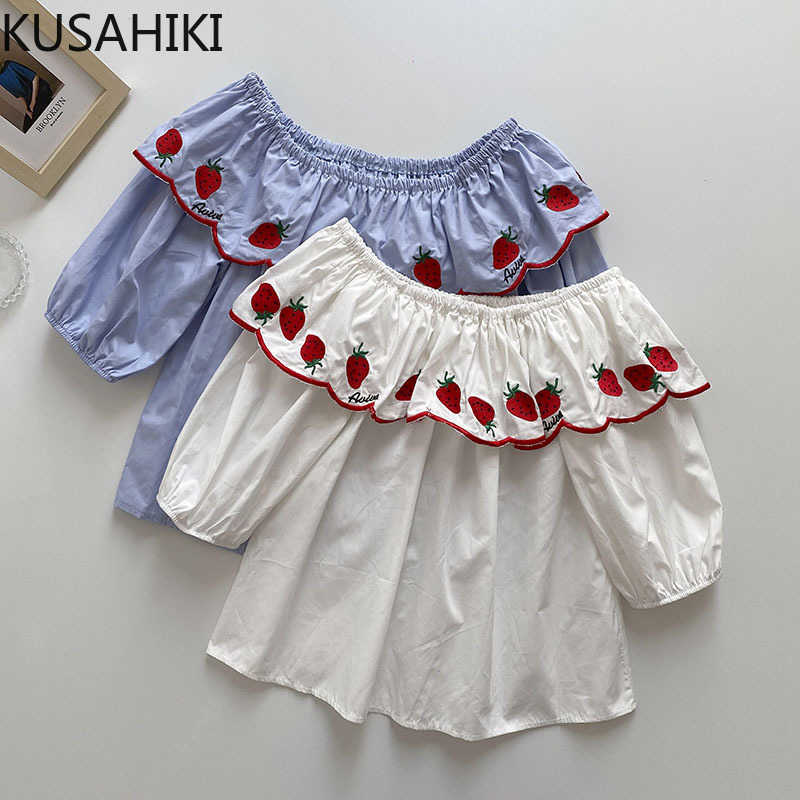

KUSAHIKI Sweet Strawberry Ruffle Off Shoulder Women Blouses Summer Puff Sleeve Doll Shirt Causal Korean Blusas Femme 6J154 210602, White