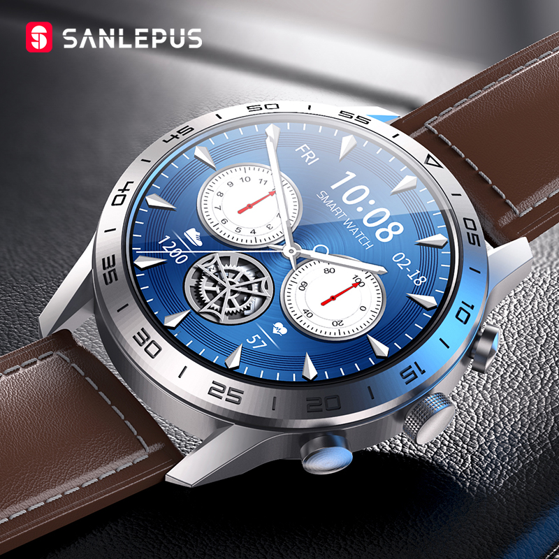 

2021 NEW SANLEPUS Smart Watch IP68 Waterproof Wireless Charging Smartwatch Mens Watches Fitness Bracelet For Android Appleg, Black-leather