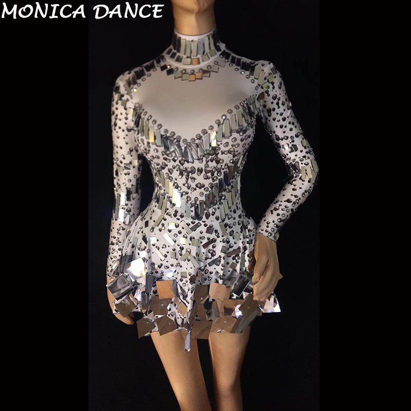 

Casual Dresses Stage Sparkly Silver Sequins Bodysuit Dress Rhinestone Costume Women Birthday Celebrate Party Leotard Female Performance Outf, White