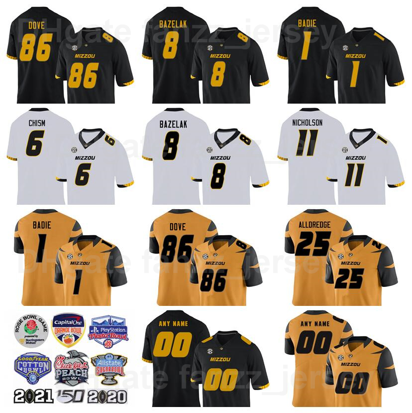 

NCAA College Football Missouri Tigers Jersey Men 8 Connor Bazelak 1 Tyler Badie 86 Tauskie Dove 6 Keke Chism 25 Blaze Alldredge 11 Devin Nicholson Black White Yellow