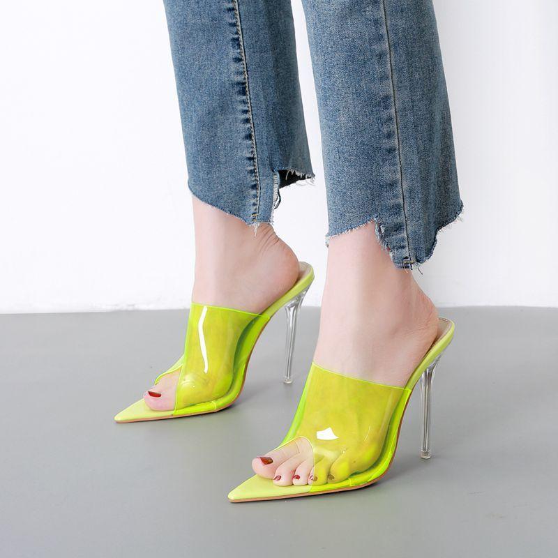 

2021 toe transparent PVC thin high womens shoe women's sandals heel slippers, Green