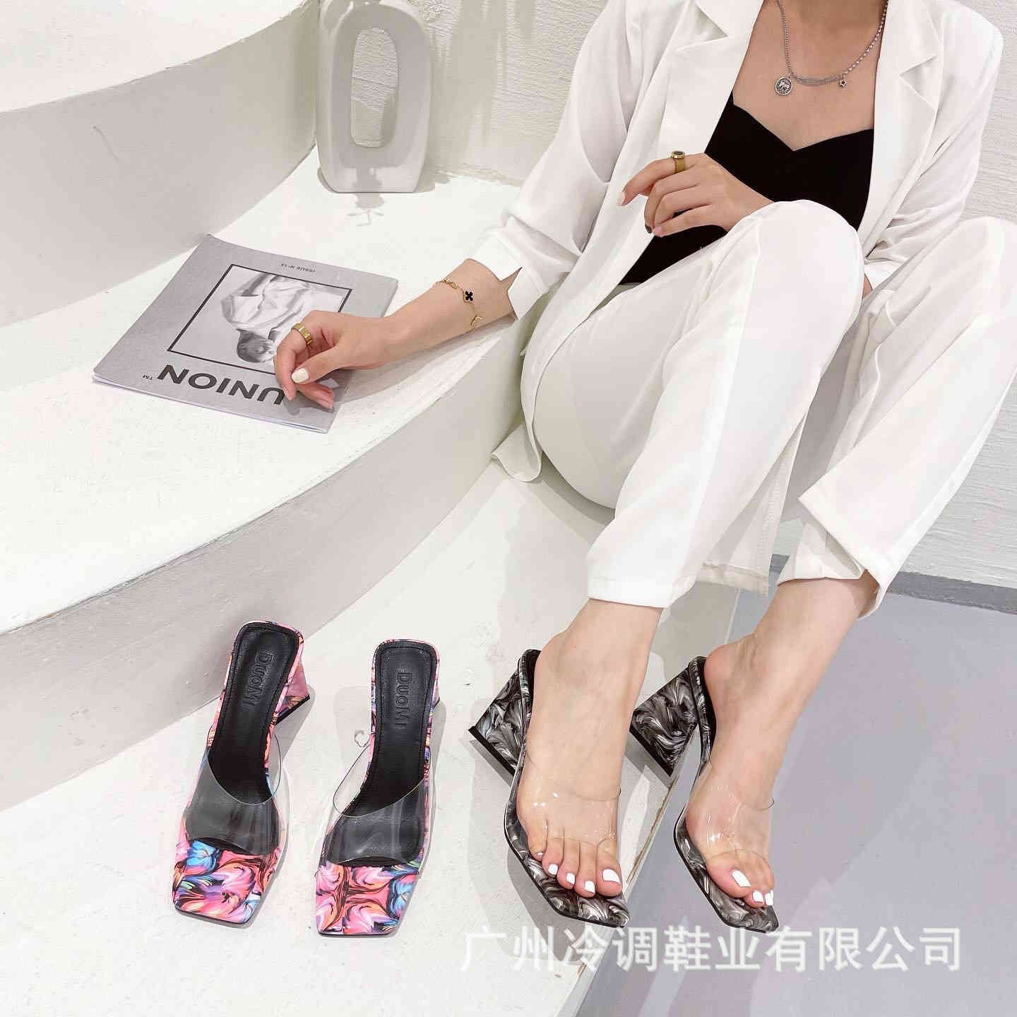 

high heeled slippers ins color matching printing triangle thick heel square head fish mouth lazy slippers women's outward, Black