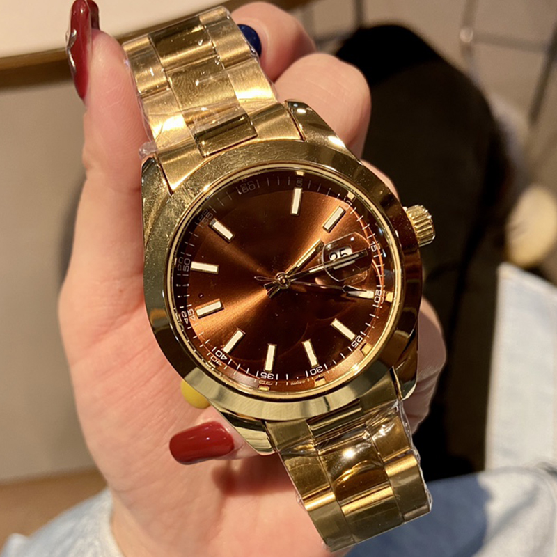 

Business men automatic date gold watch montre de luxe steel quartz movement classic style three hands fashion designer wristwatch, Slivery;brown