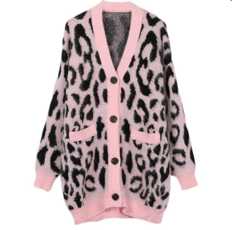 

Women's Sweaters Women Mohair Cardigans 2021 Knit Pink Leopard Sweater Female Gentle Long Knitted Cardigan Loose Casual Outwear Top