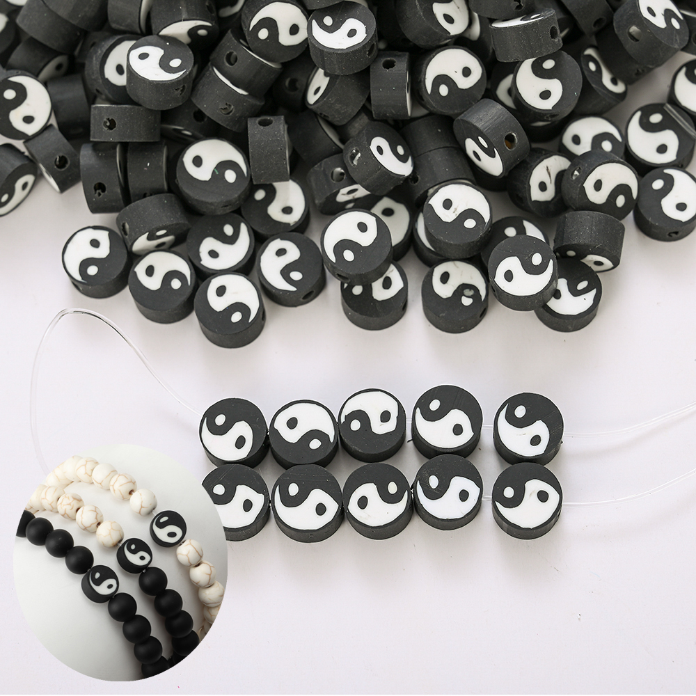 

100Pcs 9mm Tai Chi Round Acrylic Clay Polymer Spacer Beads Yin Yang Bead For DIY Jewelry Making Bracelet Necklace Accessories