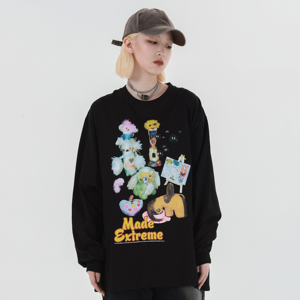 

2021 New Plush Doll Puppet Printed Long Sleeve T-shirt Woman/men's Clothes Sweatshirt Streetwear Hip Hop Harajuku High Street Ujux, Black