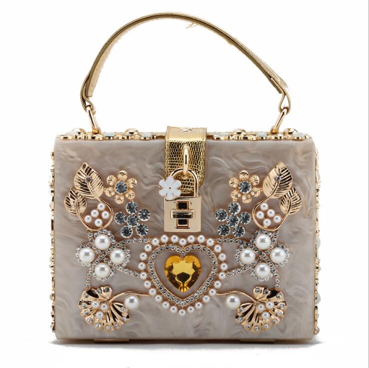 

Factory wholesale women bag acrylic alloy carved handbags sweet and lovely diamond shoulder bags elegant temperament Pearl Beads handbag 7 colors, Red(boutique box)