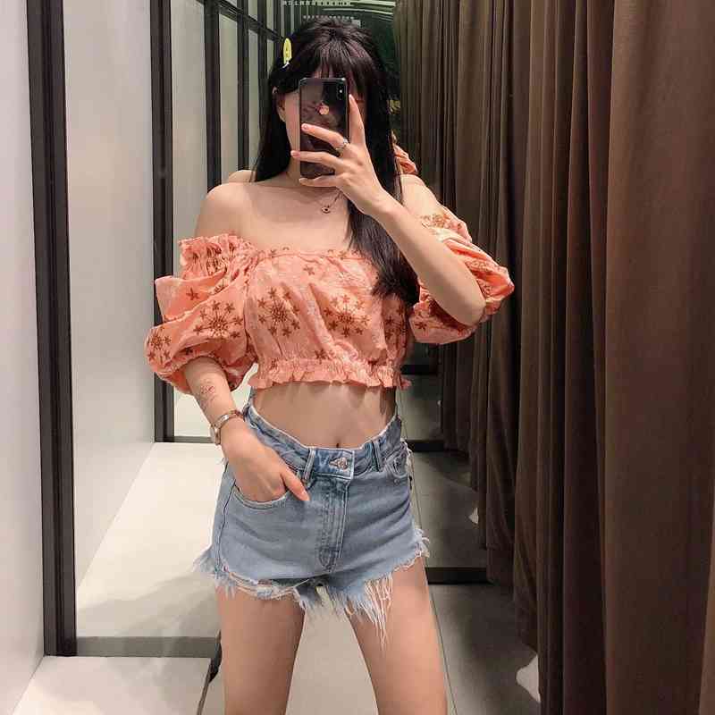 

Casual Crop Top Cotton Puff Sleeve Embroidery Floral Pullover Shirt Ruffles Shirt Square Collar WB2481 210603, Orange