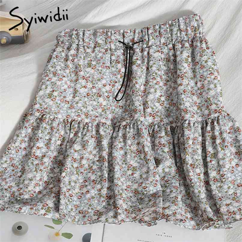 

Floral Print High Waist Ruffles Mini Skirt Women Drawstring A-Line Summer Clothes Korean Blue Boho Ball Gown 210607