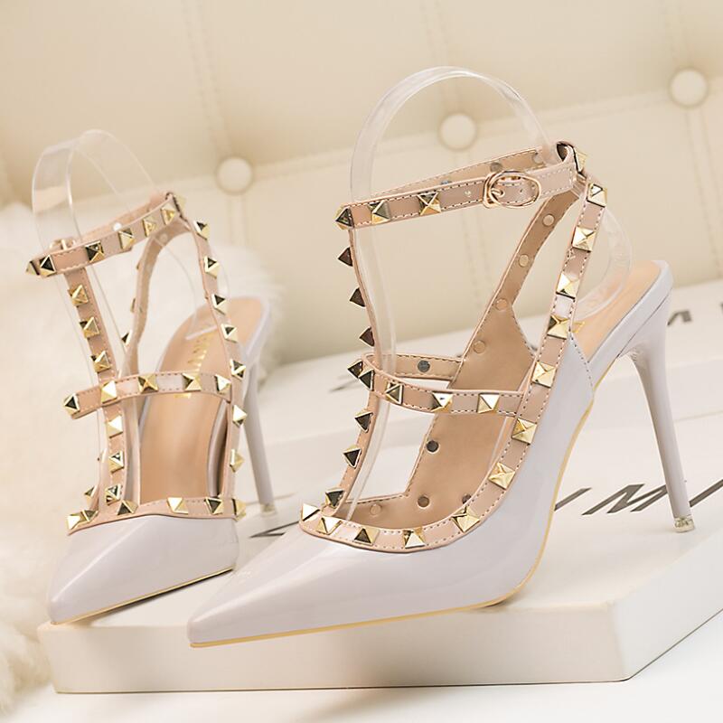 

Pointed Toe Studs Patent Leather rivets Sandals Women Studded Strappy Dress Shoes valentine 10CM high heel Shoes, Mint green