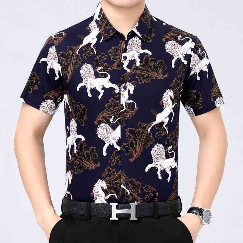 

Summer flower Shirt Short Sleeve Cotton non ironing middle-aged printed shirt men's thin business casual top trend, White;black