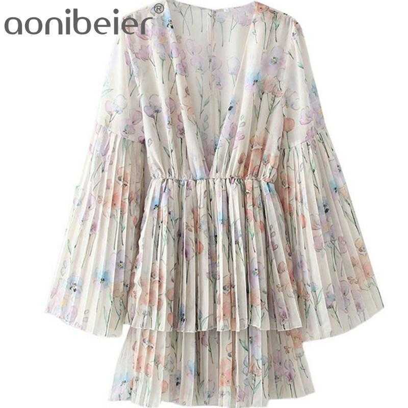 

Flowers Print Summer Tiered Pleated Dress Sexy Deep V Neck High Waist Long Flare Sleeve Women Casual Mini Female 210604, 01