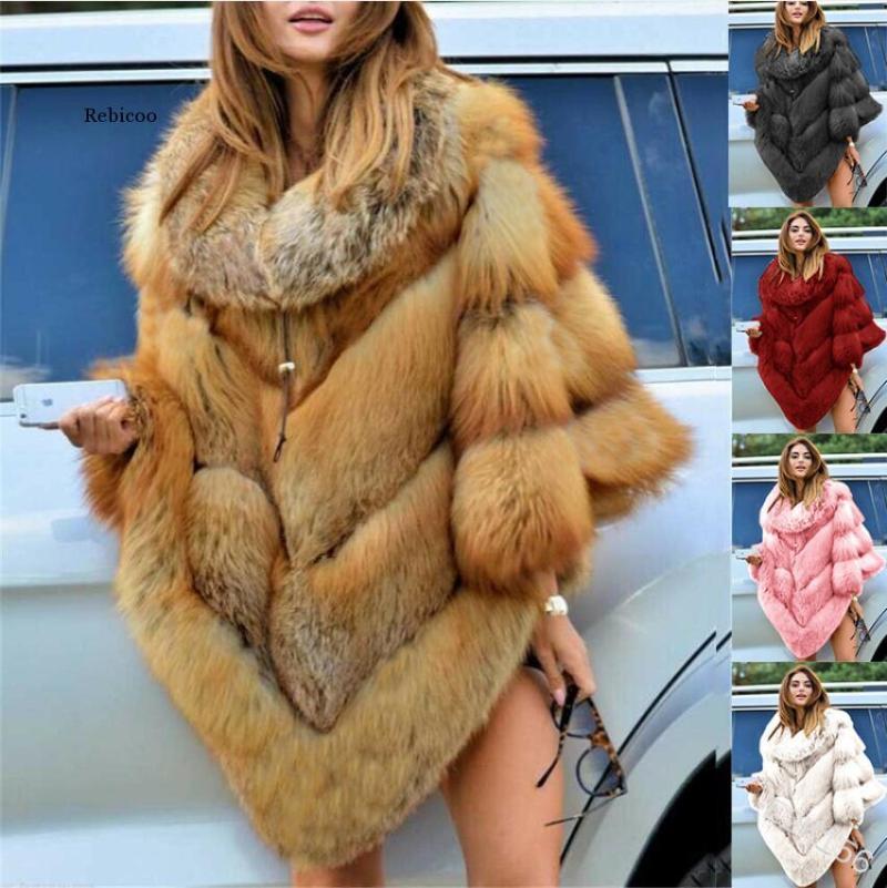 

Women Faux Fur Collar Cape New Fashion Poncho Winter Big Cloak Knitted Warm Thick Shawl Big Pendulum Dovetail Cardigan, White