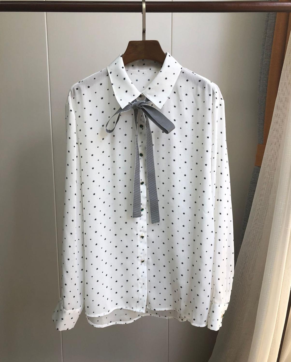 

2021 New Incio Do Outono Branco Camisa Feminina Manga Longa Blusa Estrelas Impresso Requintado Esmeralda Fivela Lao Senhoras Escritrio Topo, Black