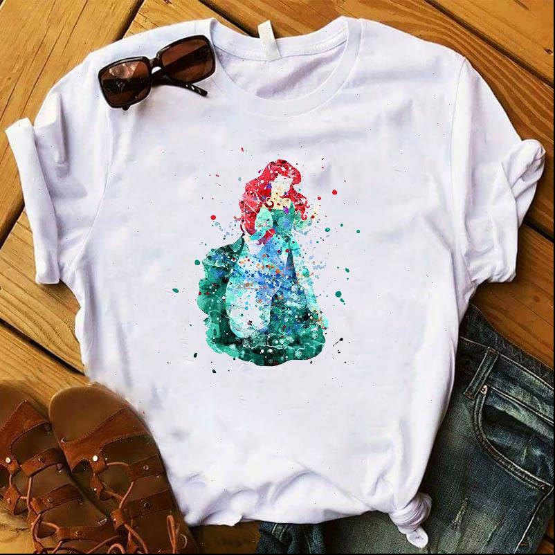 

Women Lady T Shirt Princess Watercolor Printed Tshirt Ladies Short Sleeve Tee Shirt Women Female Tops Clothes Graphic T shirt, White