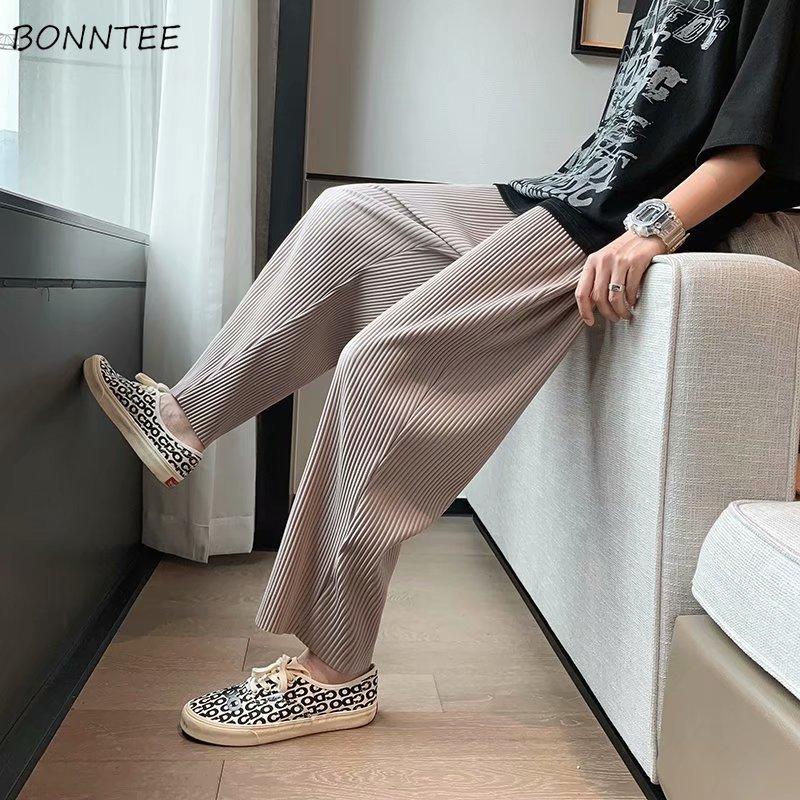

Men's Pants Pleated Casual Men Loose Ankle Length Trousers Males Simple Straight Daily Fashion Korean Style Design Chic Draped Bottoms, Black
