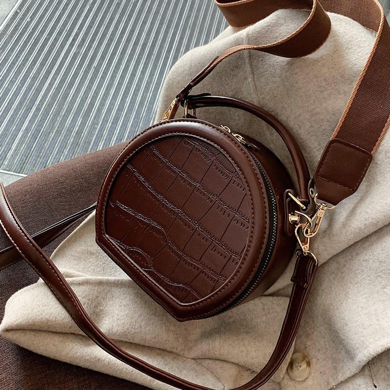 

High quality retro stone pattern PU leather shoulder bag 2021 new fashion women's designer messenger portable small round bag, Black