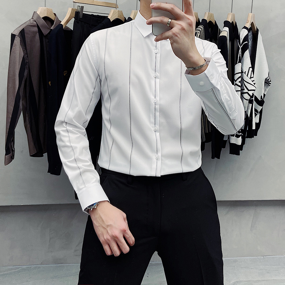 

2021 New Estilo Britnico De Alta Qualidade Homens Negcios Listrado Camisas Manga Longa Simples Fino Ajuste Casual Formal Usar Blusa Homme 3x, White
